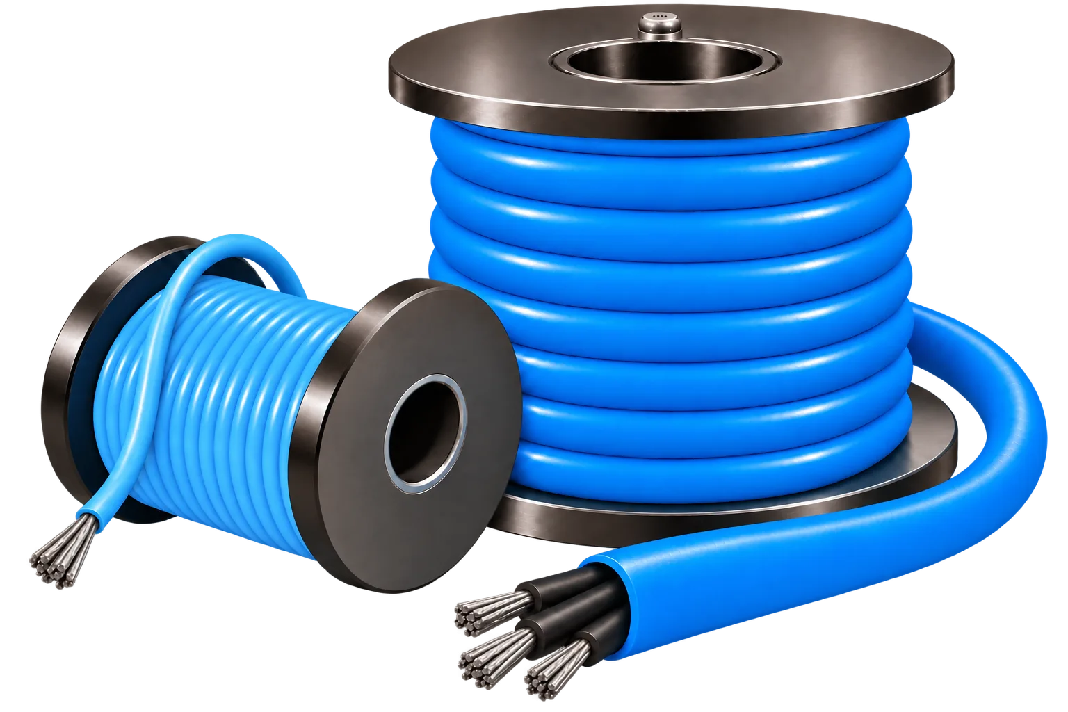 Blue wire spools with cut cable ends
