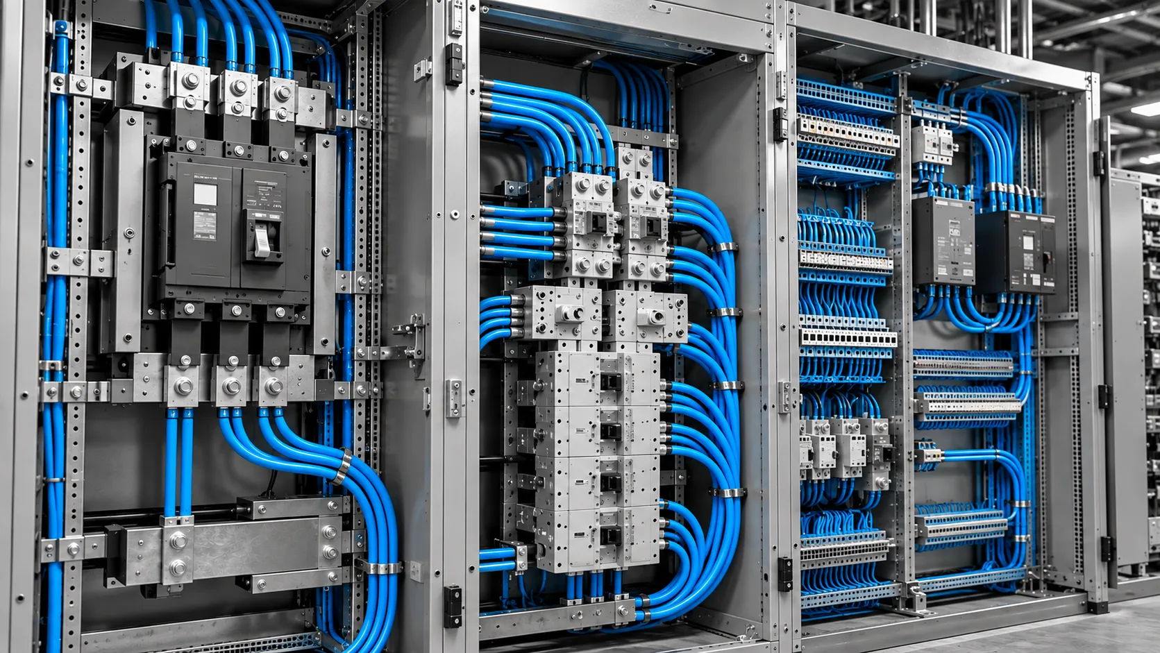 Power distribution equipment with blue cable