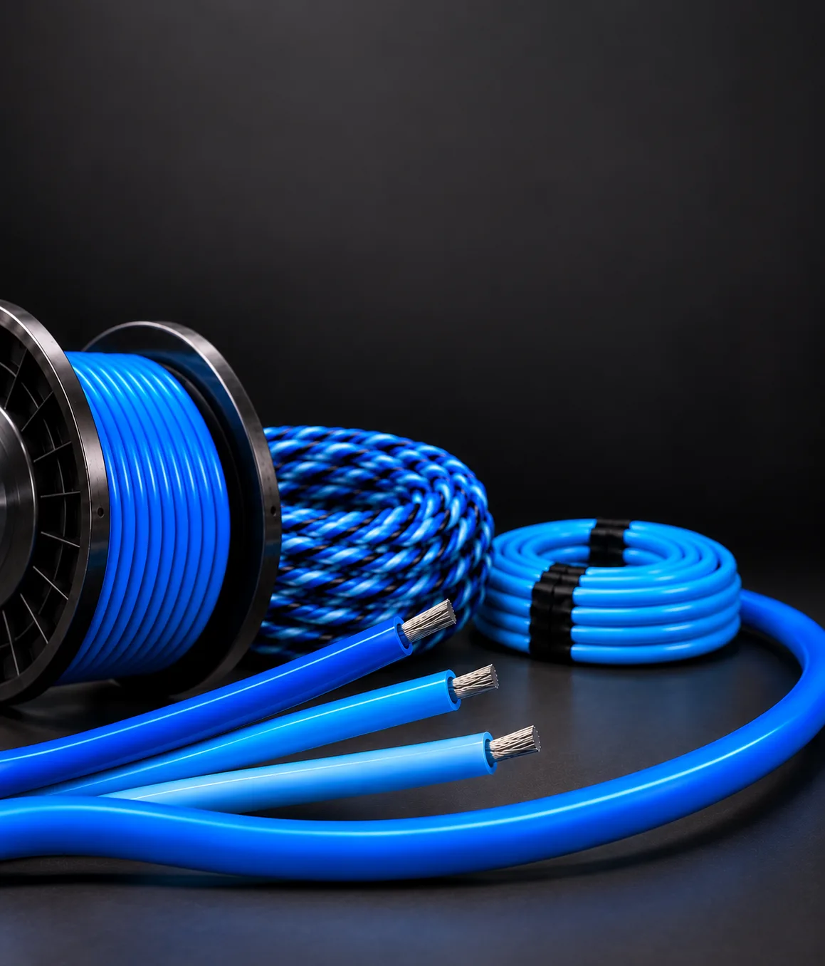Blue wire and cable on a spool