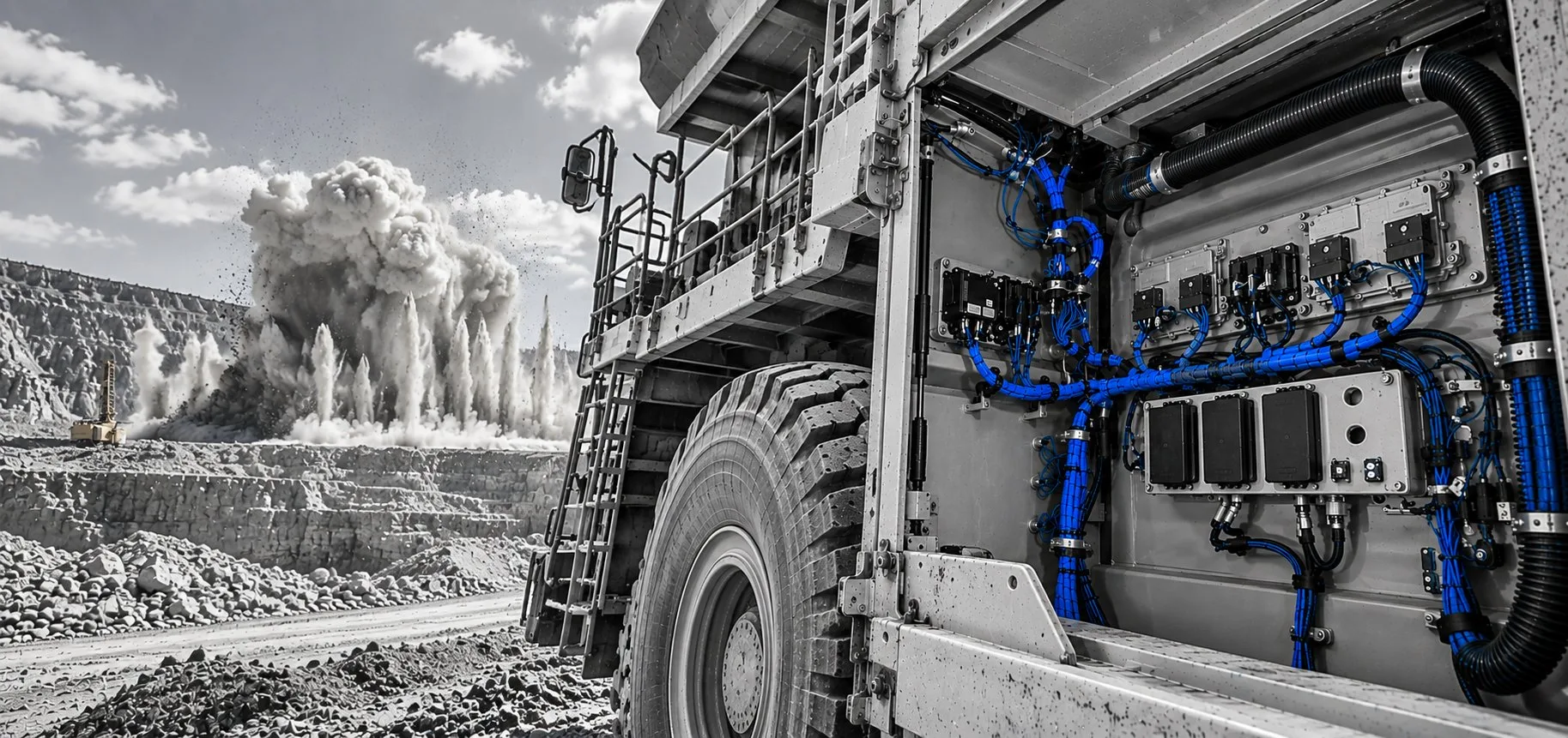 Mining haul truck with blue wiring, blast in the background